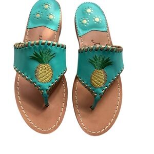 NEW RARE Jack Rogers Pineapple Caribbean Blue w/ Gold Thong Leather Sandals